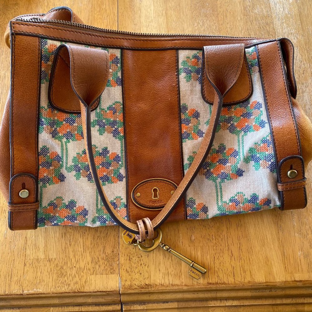 Fossil Vintage Reissue Leather & Canvas Linen Embroidered Handbag